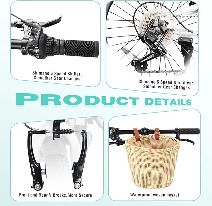 20 Inch for Adults with Basket, Phone Holder & Fenders, Steel Frame 6-Speed City Commuter, Dual V-Brake Portable Compact Bicycle for Men & Women
