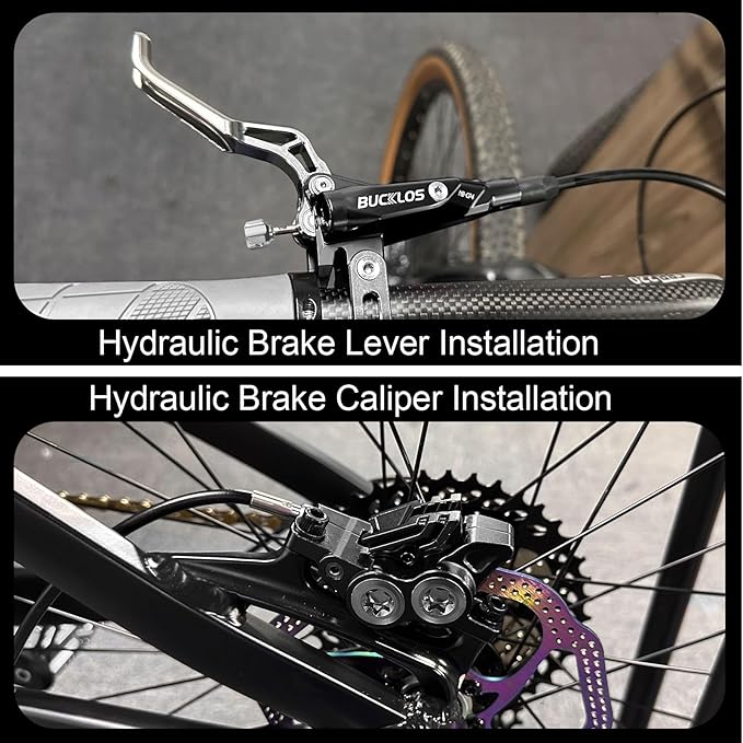 BUCKLOS MTB Hydraulic Disc Brake Set 4 Pistons Front 850mm and Rear 1550mm Hydraulic Brakes with Aluminum Alloy Lever with Caliper Ceramic Brake Pad Fit Mountain Bike,Ebike,Fat Bike HB-CP4 (Pre-Bled)