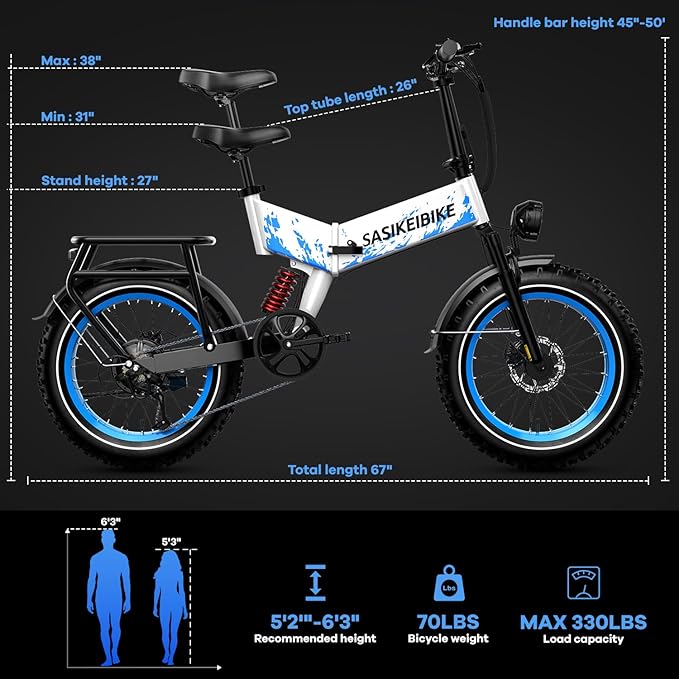 1500W Folding Electric Bike for Adults, 52V 20AH Large Removable Battery E Bike, 30+MPH, 80 Miles Max Range, 20" x4.0 Fat Tire Ebike, Dual Suspension Commute Electric Mountain Bicycle