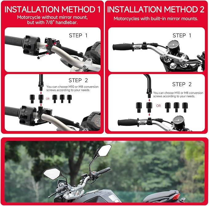 DREAMIZER Motorcycle Rear View Mirror - with M8 M10 Threaded Bolts, 7/8" Handlebar Mirror Mount Compatible with Honda Yamaha Suzuki Kawasaki