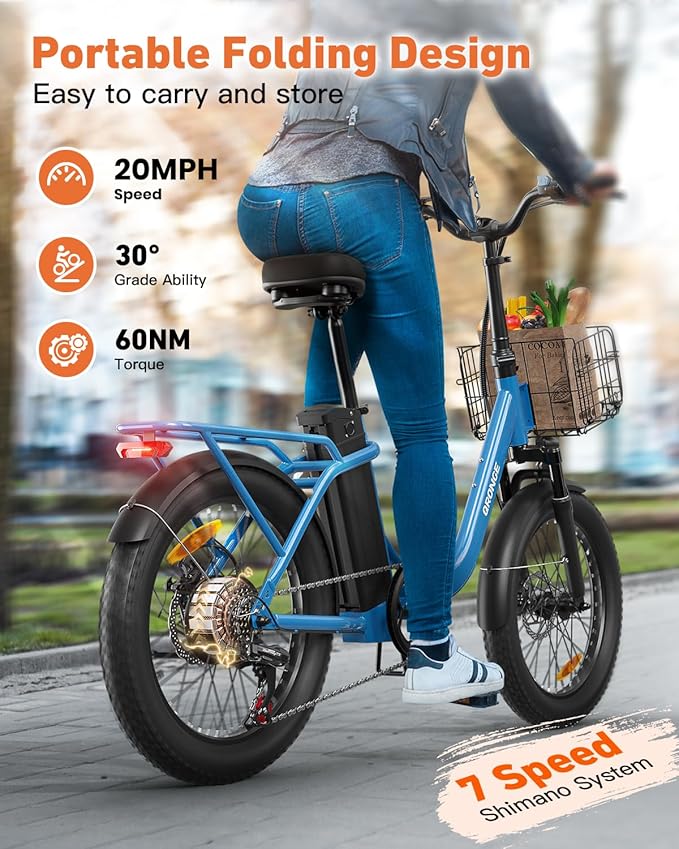 Electric Bike, 1000W Peak Folding Electric Bike, 486Wh 70 Miles Range Ebike, 20" Step-Thru Bicycle with Front Basket, Waterproof Removable Battery, 7 Speed, 25 MPH Max