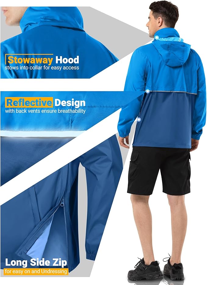 Outdoor Ventures Men's Rain Jacket Waterproof Lightweight Packable Rain Pullover for Hiking Golf Running