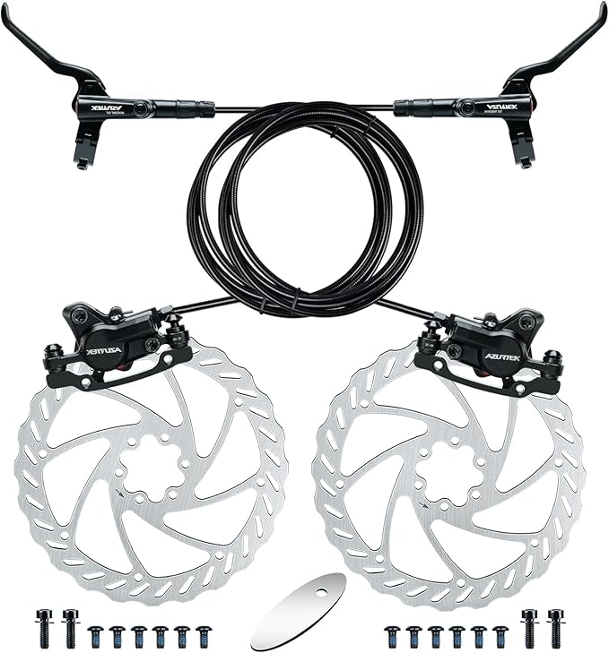 RUJOI Bike Disc Brake Kit, Hydraulic Disc Brake Set with Aluminum Oil Pressure Caliper and Full Aluminum Alloy Bicycle Brake Lever, 2 pcs 180mm Rotor, Pad Adjuster for Road Bike, Mountain Bike.
