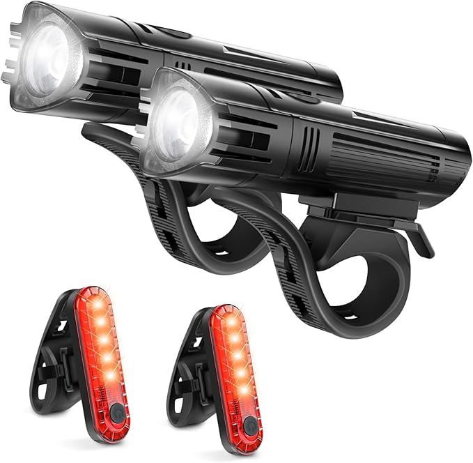 Ascher Ultra Bright USB Rechargeable Bike Light Set, Powerful Bicycle Front Headlight and Back Taillight, 4 Light Modes, Easy to Install for Men Women Kids Road Mountain Cycling Black