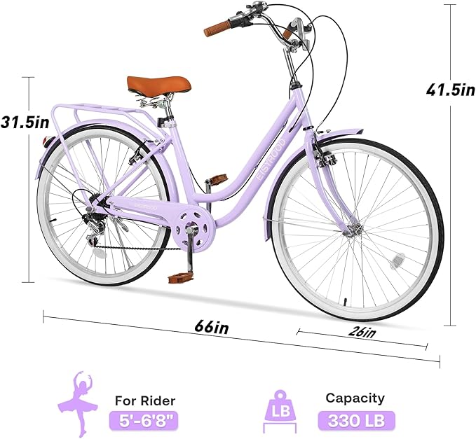 26 Inch Folding Beach Cruiser Bike for Women, 7-Speed Ladies Bike with Basket & Rack, Perfect for City Commuting's Bicycle, Ideal for Women and Adults