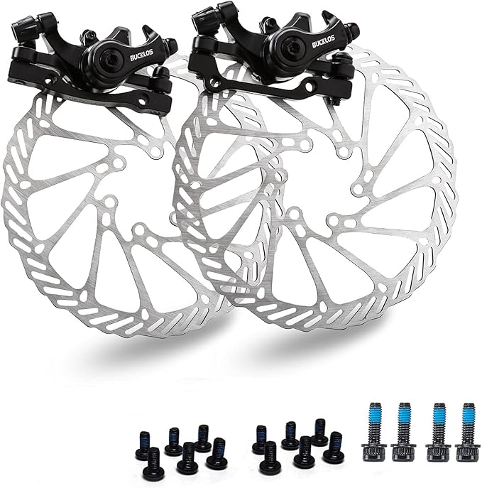 BUCKLOS Mountain Bike Disc Brake kit, MTB Mechanical Line Pulling Disc Brakes Caliper with Aluminum Alloy Levers /160mm Rotor,/is/PM Universal Adapter for Ebike/Folding Bike/Scooter/Fat Bike