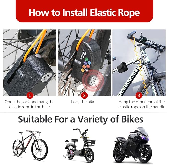 Alarm Disc Lock Set, 2pcs Brake Lock, Anti-Theft Waterproof 110 dB 7mm Pin 5ft Reminder Cable for Motorcycles Bike Scooter Carry Pouch