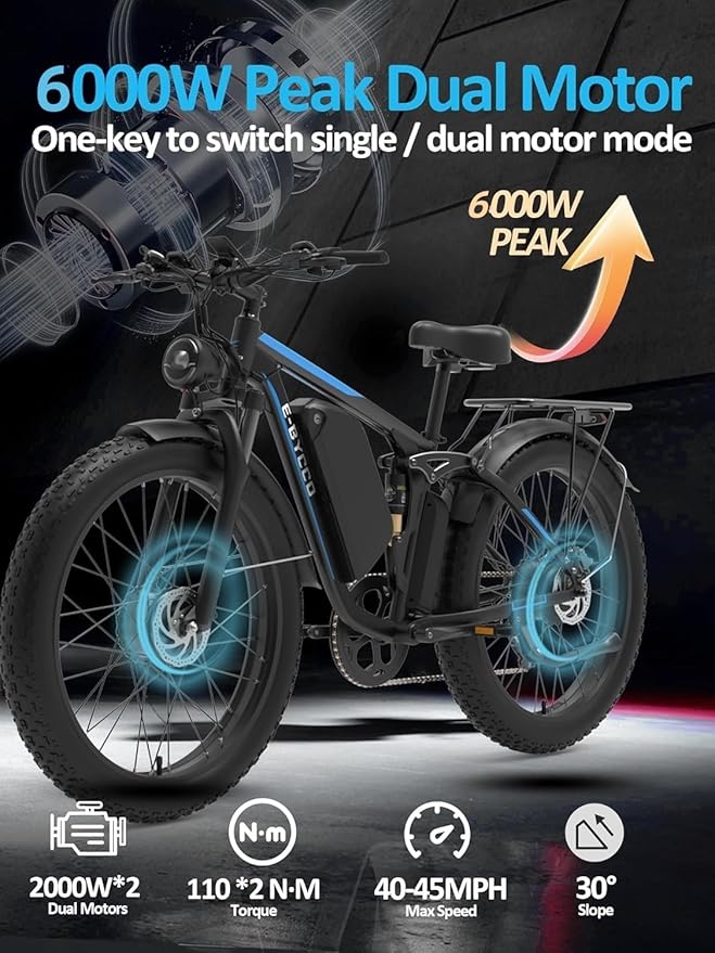 6000W Electric Bike for Adults, 52V 32AH Dual Motor E-Bike, Up to 100Mile & 45MPH All-Terrain Fat Tires Full Suspension 24/26 Inch Electric Bicycles Hydraulic Disc Brake for Road UL2849 by SGS