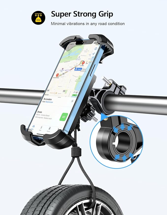 Motorcycle Phone Mount, Upgrade [Never Fall Off] [0 Shake] Bike Phone Mount, [3s Put & Take] 360° Rotatable Phone Holder for Motorcycle Bike Bicycle Scooter Compatible with Cellphones 4.7-6.8”