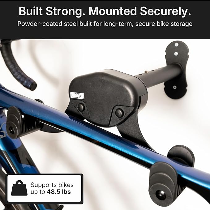 Bike Wall Mount - Horizontal Wall Hanger, Adjustable Design for Road, Mountain and Hybrid Bikes up to 48.5 lbs - Space-Saving Bike Rack for Garage or Apartment - Sturdy Indoor Bicycle Storage (2 Pack)