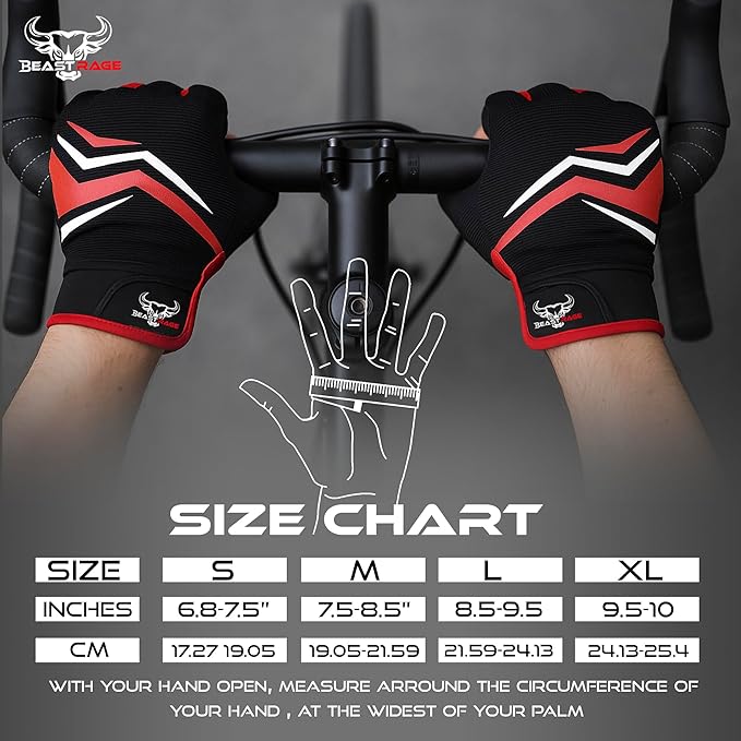 BEAST RAGE Full Finger Cycling Gloves with Padding for Men Women, Anti-Slip, Shock Absorbing, Breathable, Touchscreen Mountain Bike Gloves for BMX, MTB Riding, Road Racing, Bicycle