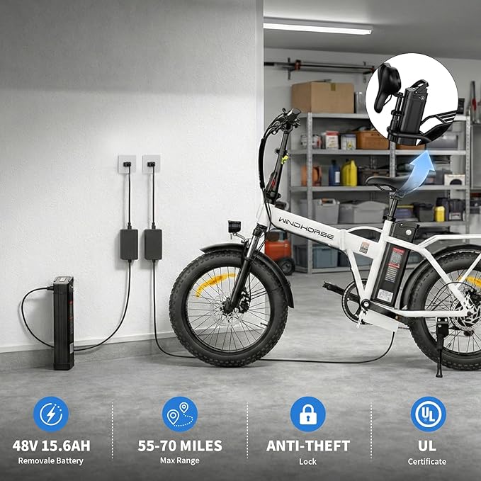 Foldable Electric Bike, Peak 983W Motor Ebike, 40-70 Miles & 20 MPH, 48V Removable Battery, 20" Fat Tire All-Terrain Electric Bicycle for Adults with 7-Speed, Suspension, Rear Rack, UL2849 Certified