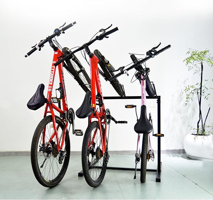 3 Bikes Stand Rack, Bikes Floor Stand for Garage, Indoor, Outdoor, Bicycle Parking Rack Fit 20”-29” Mountain Road and Kids Bikes, Max Tire Width 2.9” Easy to Install, Black
