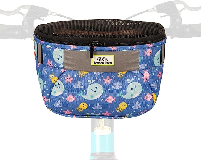 Kids Bike Basket,Durable Front Frame Bicycle & Scooter Basket Bag,Waterproof Fabric Bicycle Handlebar Bag for Boys, Girls, Toddlers with Zipper Mesh Lip (Blue Ocean)