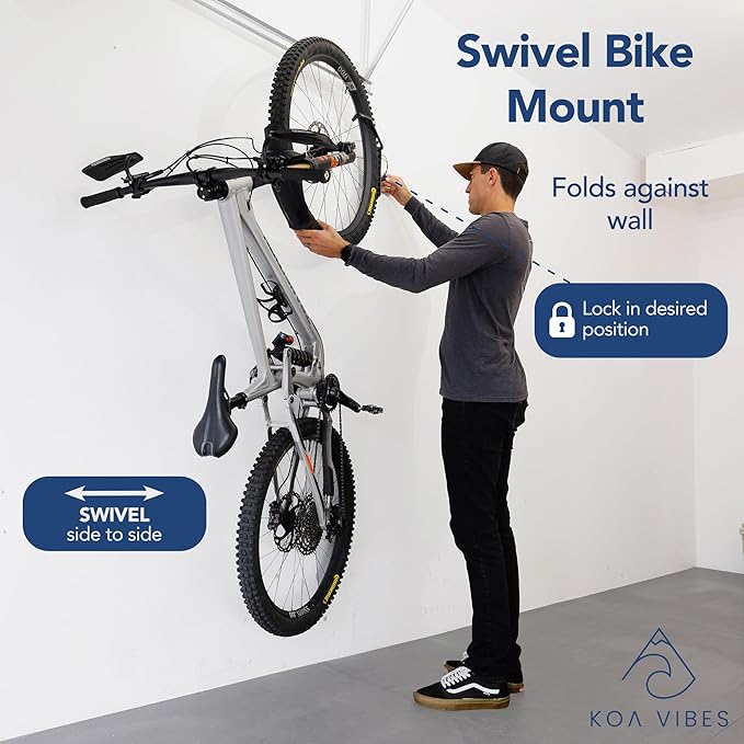 Swivel Bike wall mount with gear hooks, One Pack, Organize Garage with Bike Storage, Vertical or Ceiling Mount, heavy duty construction for bikes up to 60lbs, bike rack garage organizer