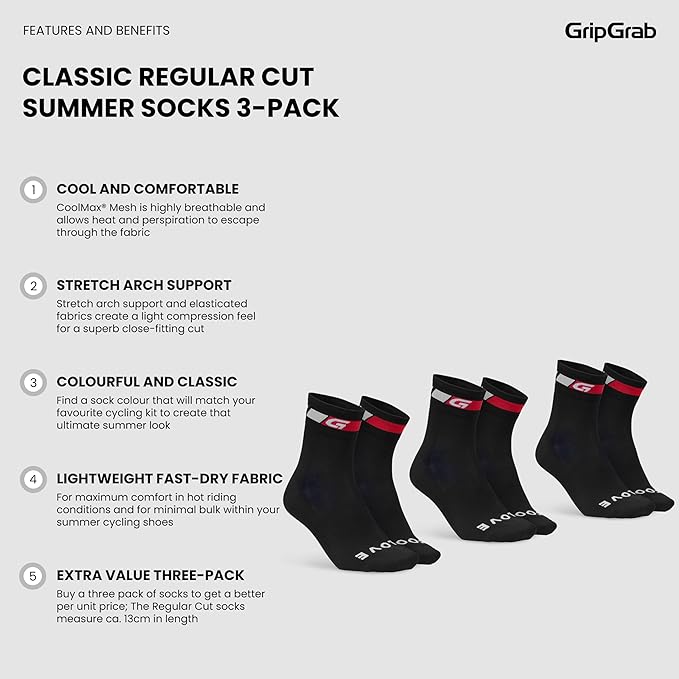GripGrab Classic Regular Cut Summer Cycling Socks Single & Multipack Coolmax Bicycle Socks for Spinning Indoor Biking