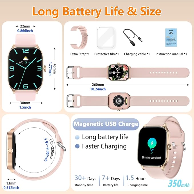 Smart Watch for Women Men with Text and Call, 2026 New AI Smartwatches with Heart Rate/SpO2/Sleep/Stress Monitor, 100+ Sports Modes, GPS Fitness Watches Compatible with iOS/Android (Pink, 1.96”)
