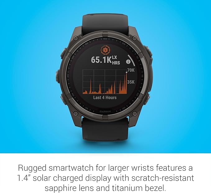 Garmin Fenix 8 Premium Multisport GPS Running Smartwatch, 51 mm, Sapphire, Solar, Dive-Rated, Built-in Flashlight, DLC Titanium with Pebble Gray Band - Signature Series Charging Stand
