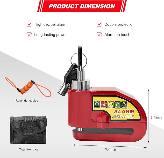 Alarm Disc Lock Set, 110dB Alarm Sound Anti-Theft Security Brake Padlock with 5ft Reminder Cable, Waterproof Battery Powered Disc Brake Lock for Motorcycle Bicycle Scooter (Red)