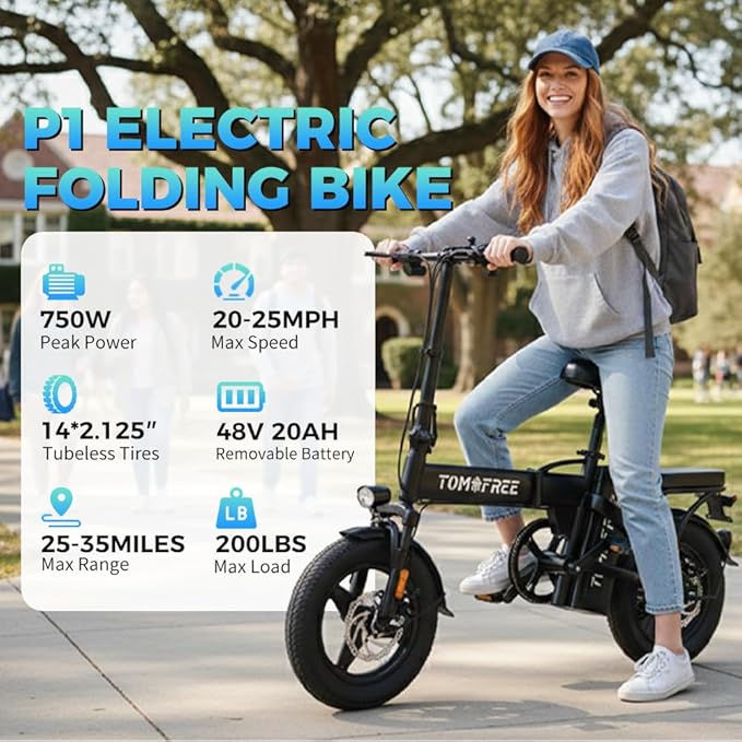 Tomofree 750W Folding Electric Bike, 48V 20AH Removable Battery, 20-25MPH, 14''x 2.1'' Tire, 25-35miles PAS, Front/Full Suspension, 200lbs Load Ebike for Adult, Adult Electric Bicycles for Commute