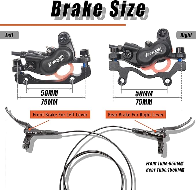 BUCKLOS Zoom MTB 4 Piston Hydraulic Disc Brakes Set, Left Front 850mm Right Rear 1550mm Mountain Bike Hydraulic Brake Aluminum Alloy Lever with Caliper is/PM Adapter (Pre-Bled)