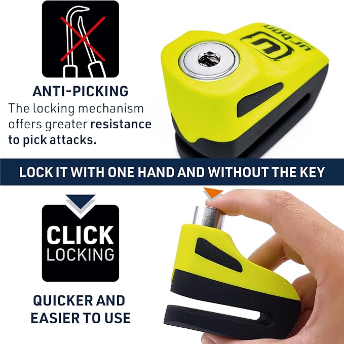 URBAN UR955Y Motorcycle Disc Lock, Compact and Effective Security, More Visible More Deterrent, Quick Click Locking, Universal Anti Theft Wheel Brake Lock for Motorbike Scooter Electric Bike Bicycle
