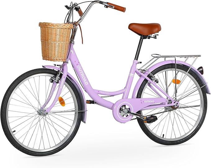 Outroad Beach Cruiser Bike, 24/26 inch Commuter Bicycle for Adult and Women,High-Carbon Steel Comfortable City Bikes with Rear Rack and Basket, (Black/Pink/White/Green/Purple)
