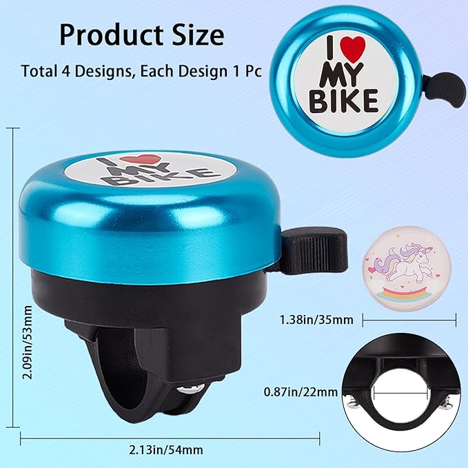 CREATCABIN I Love My Bike Bicycle Bell Aluminum Alloy Bike Bells Ring Round Pink Loud Sound Cycling Handlebars Bells with 4Pcs Resin Stickers