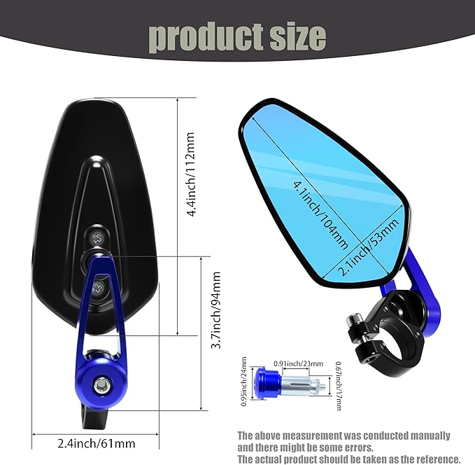 7/8" Motorcycle Mirrors - 22mm Bar End Rear View Mirrors Compatible with Most Yamaha, Kawasaki, Honda Grom, Ducati, Suzuki and More Bike Scooter Street Sport Cruisers (Blue)