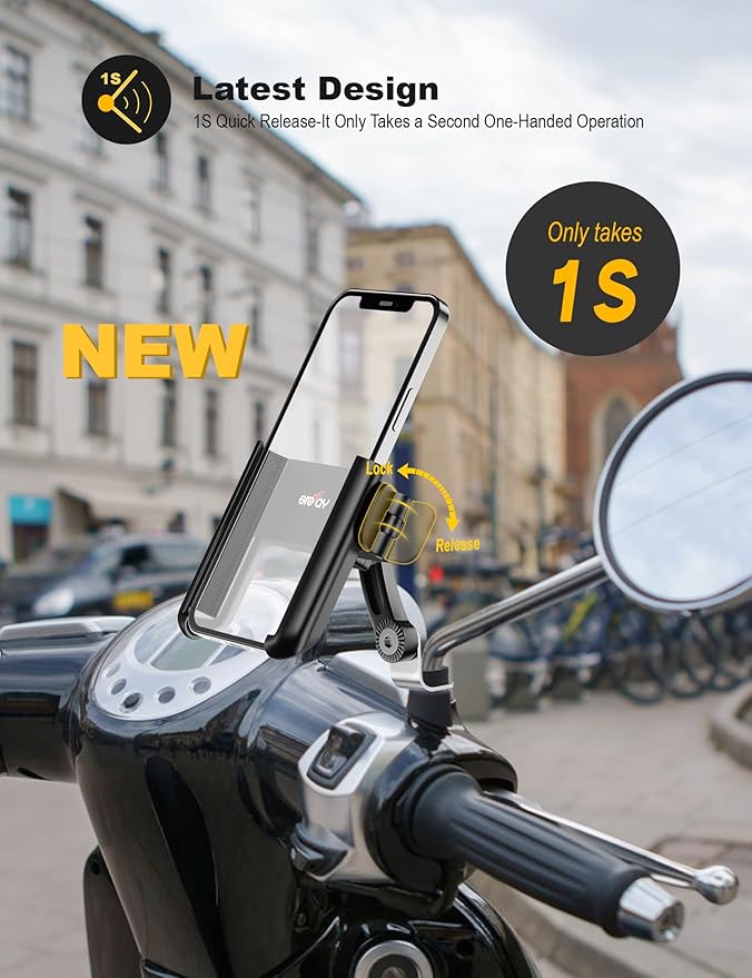 Motorcycle Phone Mount, 1S Quick Release Anti Shake Motorbike Phone Holder for 3.5-7.0 Inch Smartphone for Motorcycle Mirror Phone Mount with 360° Rotatabe