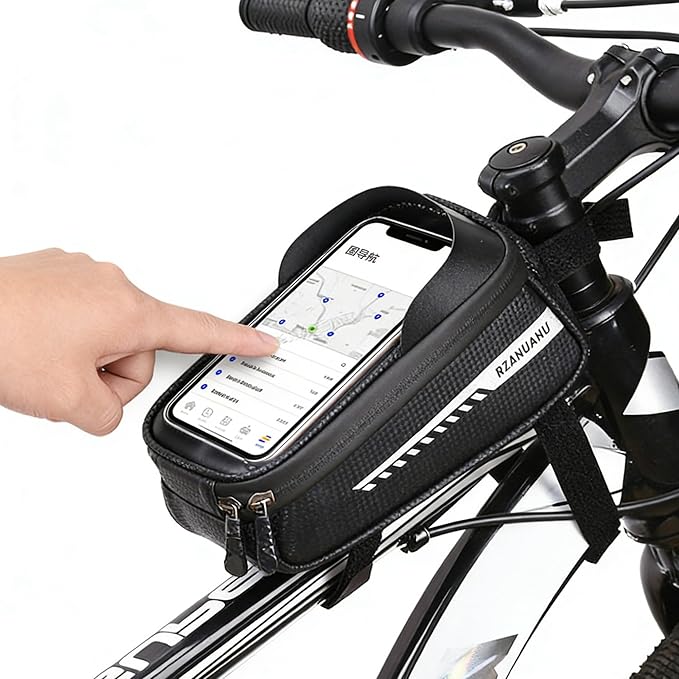 Bike/Bicycle Phone Holder Bag, Bicycle Front Frame Bag, Waterproof Tube Bag, Bike Accessories, Cycling Pouch with TPU Touch-Screen& Sun-Visor Compatible Phone Under 6.5” (Black)