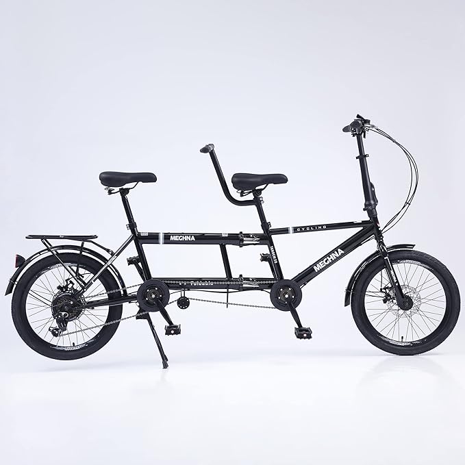 Foldable Tandem Bike, 20”City Tandem Folding Bicycle, 7-Speed Adjustable Cruiser Bike Folding Bike with 3 Seats& Disc Brake, CE FCC CCC