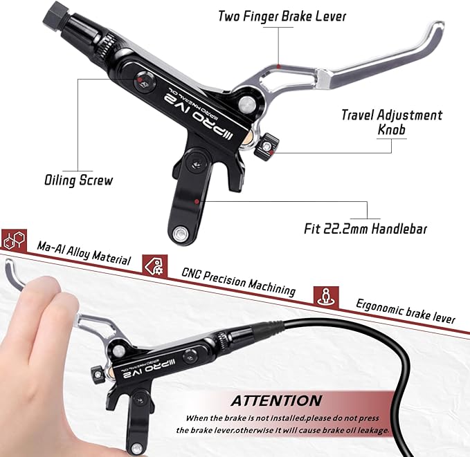 BUCKLOS IIIPRO IV2 MTB Hydraulic Disc Brake Set, 2 Piston Left Front 850mm Right Rear 1550mm Aluminum Alloy Levers Calipers for Mountain Bike/Ebike/Folding Bike/Fat Bike
