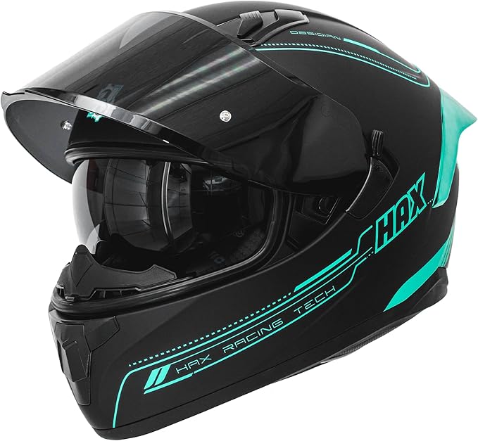 HAX Obsidian Full Face Dual Visor Adult Motorcycle Helmet for Motorbike Street Bike with Pinlock Ready DOT Approved Matte Black Aqua XXL