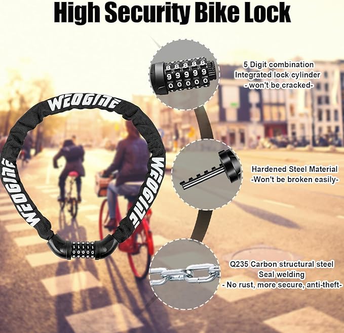 Bike Lock with Numbers and high Security Level, Bike Chain Lock, Bicycle Locks, 5 Digit Combination Lock for Bike, Bicycle, Scooter, Motorcycle, Door, Gate, Fence