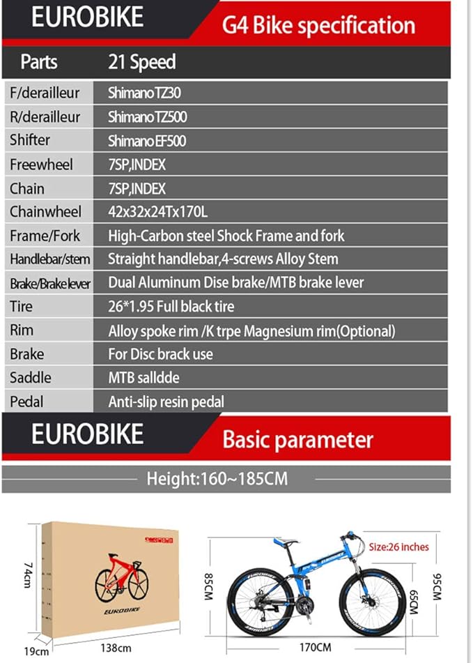EUROBIKE Mountain Bike, 21 Speed, 26/27.5 Inches, Dual Suspension, Folding, for Men