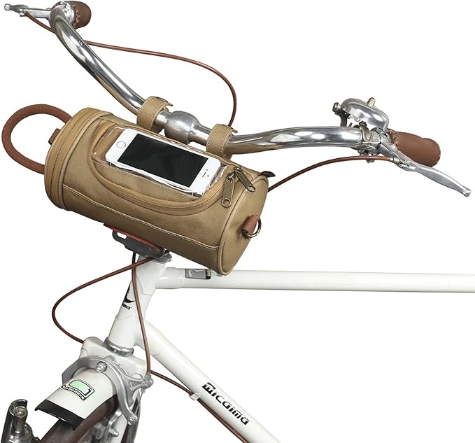 TOURBON Waxed Canvas Bicycle Top Tube Bag Bike Handlebar Basket (Khaki with phone holder)