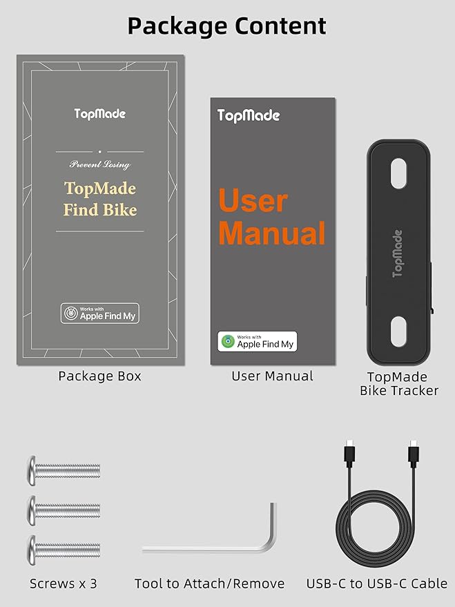 TopMade Bike Tracker, Works with Apple Find My (iOS Only), Global GPS Location on iPhone, iPad, Mac & Apple Watch, Bike Finder, Mount for Bottle Holder, Waterproof, Dustproof, Rechargeable, Black