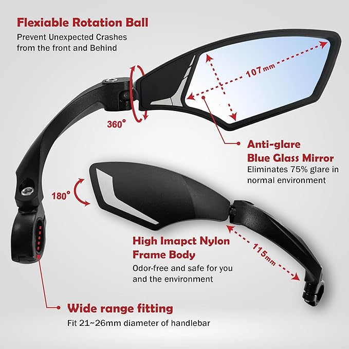 Hafny New Handlebar Bike Mirror, HD Blast-Resistant, Safe Crystal Clear Glass Mirror, Adjustable Rotatable Bike Mirror, Rearview Mirror,HF-MR095