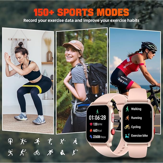 QTLLBT Smart Watch for Men Women, 1.83 inch Screen Compatible iOS Android IP68 Waterproof 100+ Sports Bluetooth Fitness Watch Sleep Heart Rate Monitor (Pink)