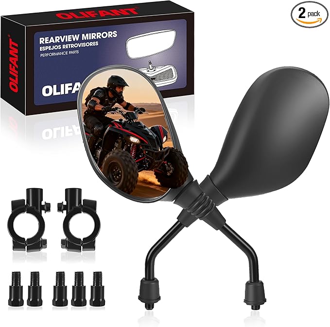 ATV Motorcycle Rear View Mirrors for Polaris Sportsman Honda Foreman Yamaha Big Bear Arctic Cat Suzuki Quadsport CFmoto Cforce 8mm/10mm Adapter 7/8" Handlebar Mount for Quads GY6 Scooters Mopeds