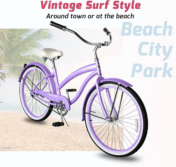 Tracer Nova Beach Cruiser Bike for Women,26 Inch Wheels,Hi Ten Steel Frame,1 Speed,Coaster Brake,Hybrid Bike for Adults,Complete Cruiser Bikes,Purple