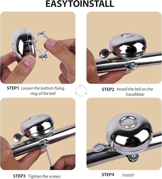 Bicycle Bell for Adult Bikes– Silver Metal Bike Bell with Clear Loud Ring – Easy Press Bell for Road, Mountain, Folding Bikes & Scooters