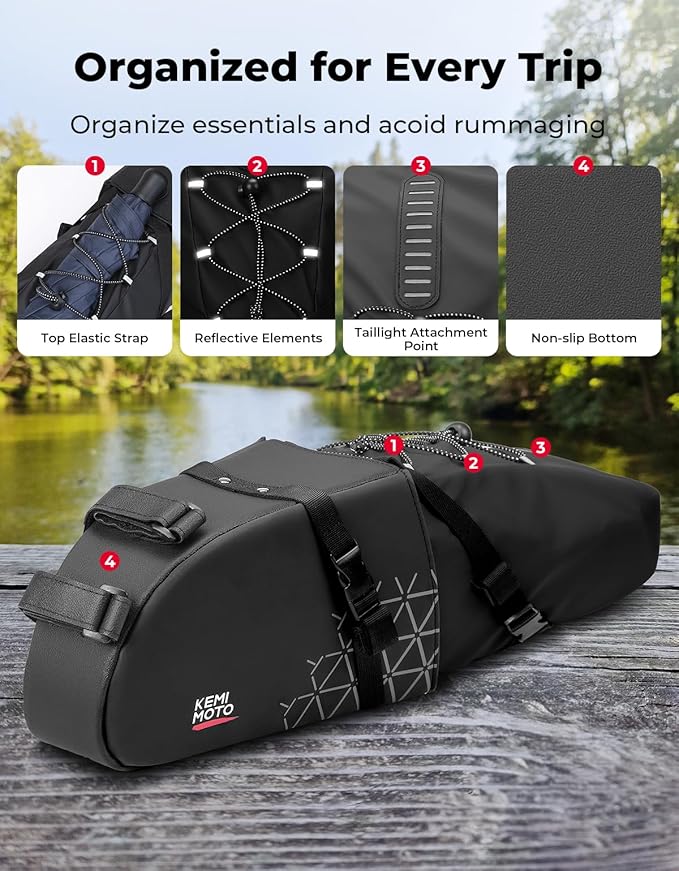 KEMIMOTO Bike Seat Bag Detachable, 11-13L Fully Waterproof Bicycle Saddle Pack with Reflective Panel, Reinforced PP Hardboard Base & Elastic Storage Bikepacking Pouch for MTB Road Bikes E-Bikes