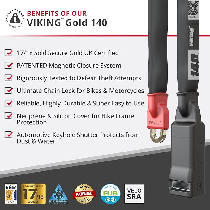 Seatylock Viking Bike Chain Lock with Key - Magnetic Patented Sold Secure Rated - Heavy Duty Anti Theft - Smart Ultra Security Bicycle Lock (55.11 in, Gold Rated)