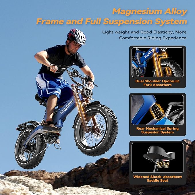 2000W/3000W Peak Motor Electric Bike for Adults, 48V/52V 25AH/30AH Battery Full Suspension Foldable Ebike, 20"x4.0" Fat Tires 35MPH Dirt Bike, 100/120 Miles Hydraulic Brake Magnesium Alloy Motorcycle