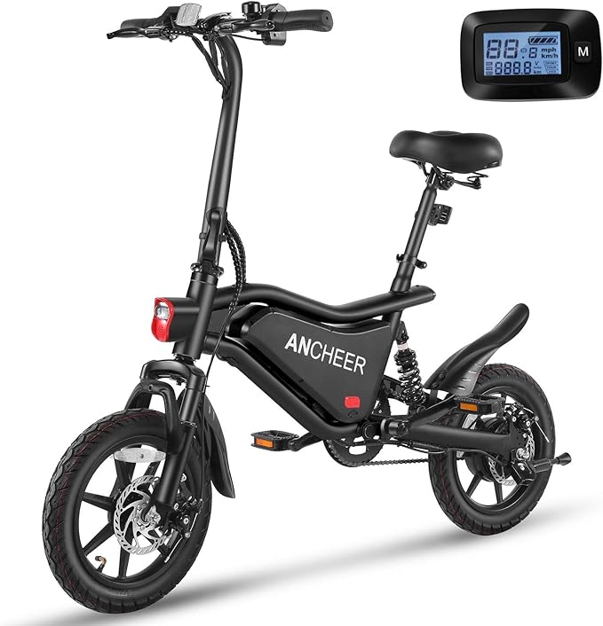 ANCHEER 14" Folding Electric Bike for Teens, 500W Max Motor, 22MPH City Ebike, Triple Shock Absorber, 48V 374Wh Battery, Brake Taillight, Cruise Control, Electric Bicycle for Adults, UL2849 Compliant