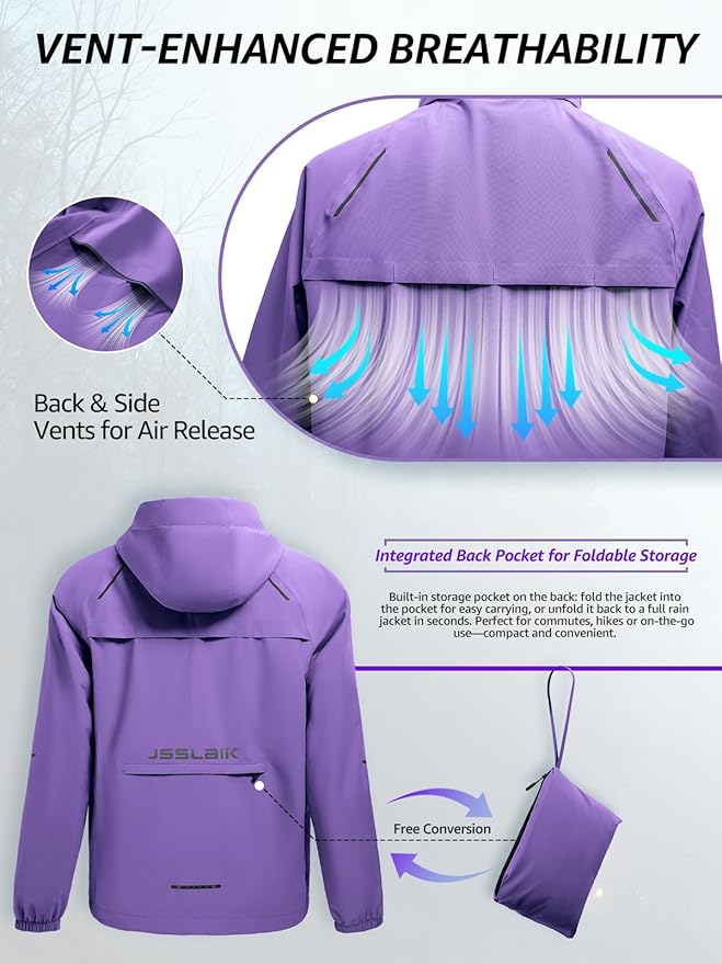 Men's Rain Jacket Waterproof Windproof Breathable for Hiking Cycling Commuting with Hood & Pockets