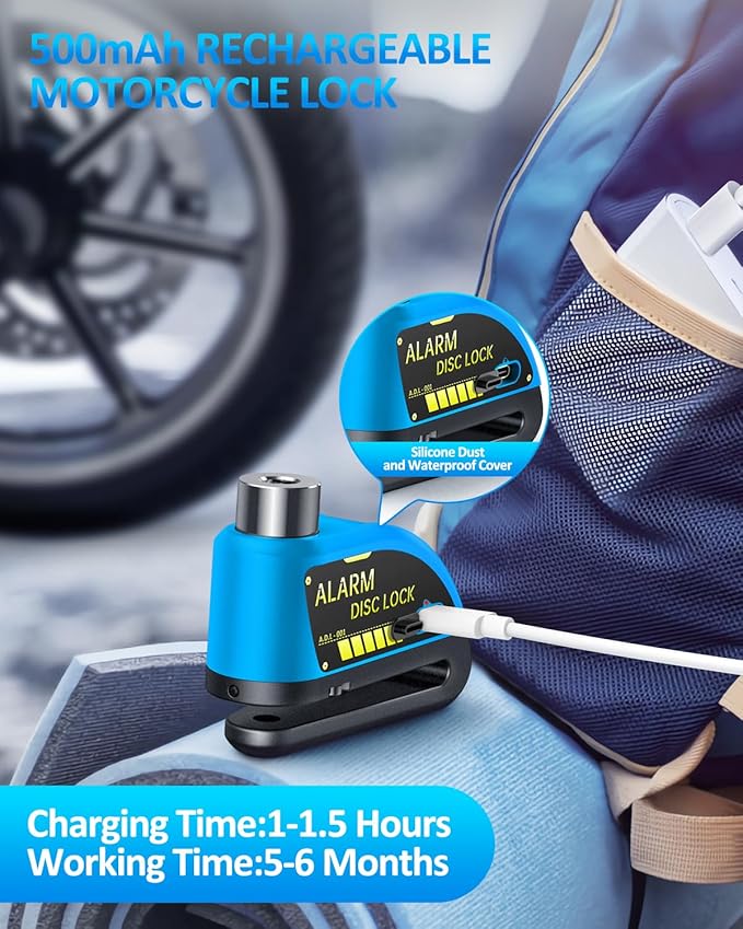 ONVIAN Rechargeable Motorcycle Lock with 120db Alarm and 6FT Steel Reminder Cable, for 7mm Pin Motorcycles Bicycles Ebike Scooter Moped(Blue)