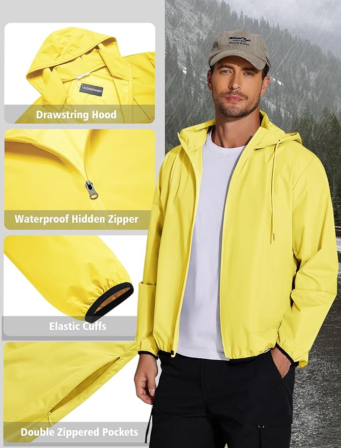 COOFANDY Men's Light Rain Jacket with Hood Packable Waterproof Raincoat Golf Rain Gear Travel Hiking Windbreaker